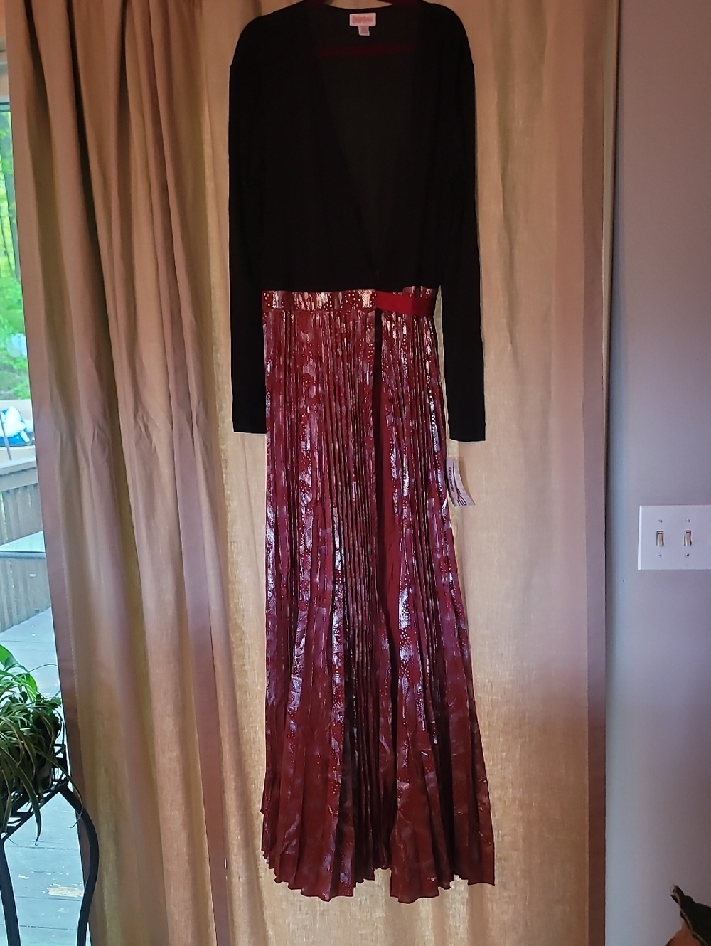 LuLaRoe Burgundy Metallic Pleated Maxi Wrap Dress Elegant DeAnne